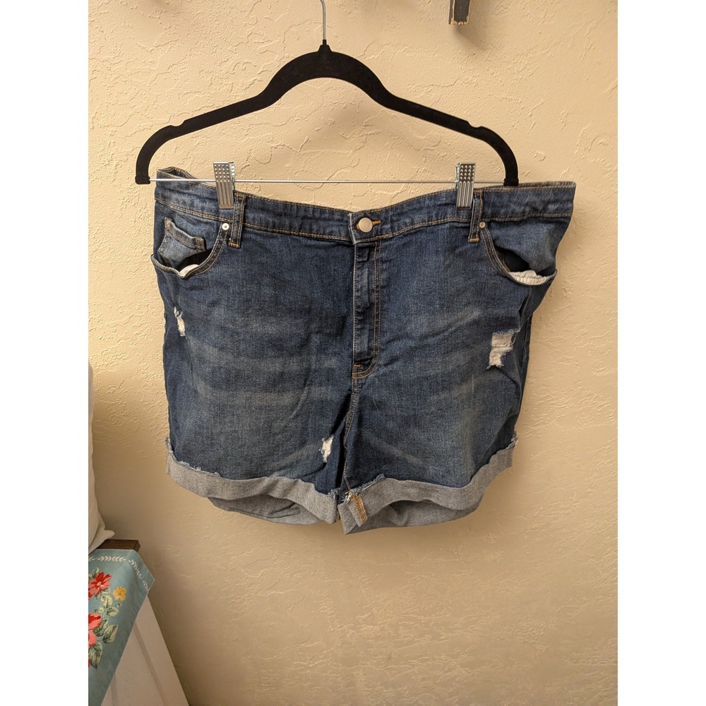 Ellos Womens Plus Size 24 Distressed Denim Shorts Medium Wash Cuffed High Rise